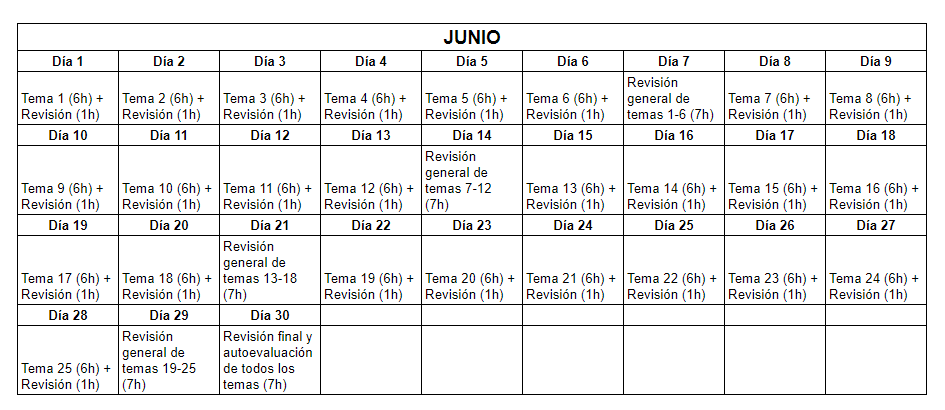 planning a modo de calendario para estudiar 25 temas en un mes